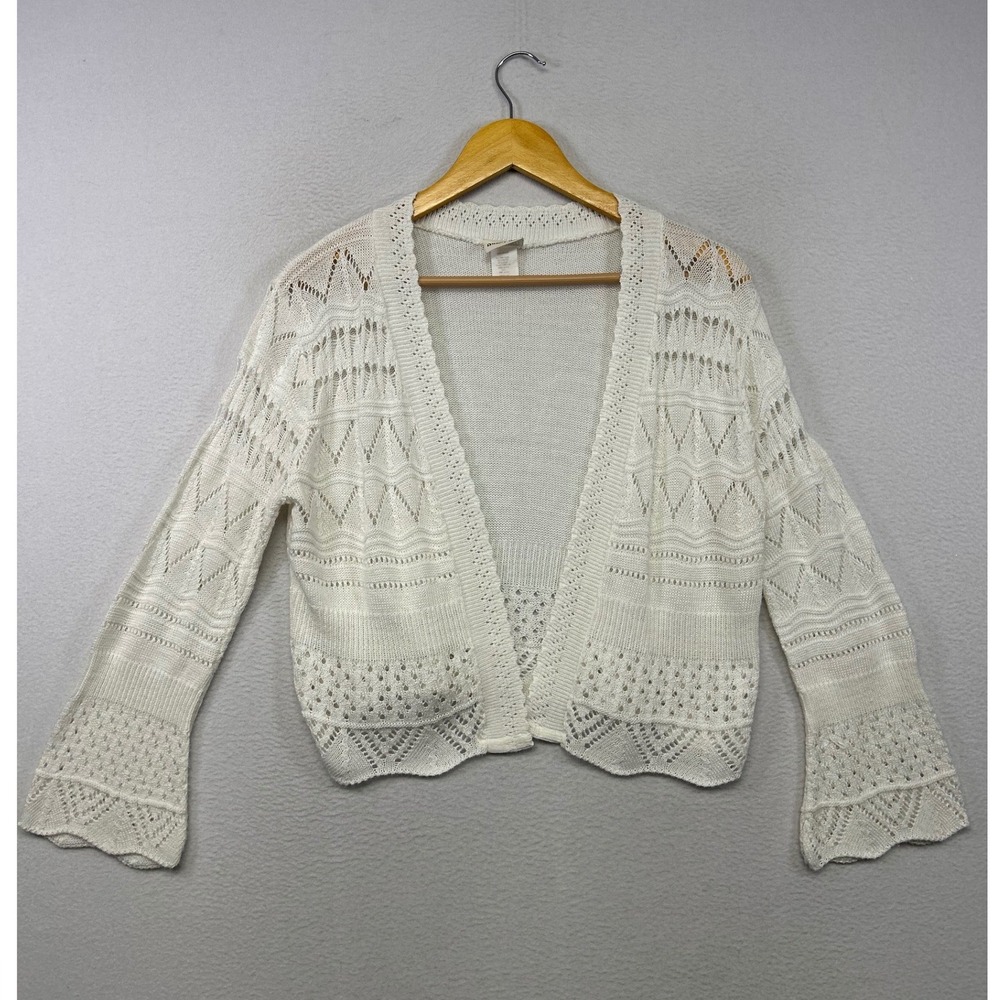 Boho Coquette Sweet Kizz Womens Size Medium White Pointelle Bell Sleeve Cardigan